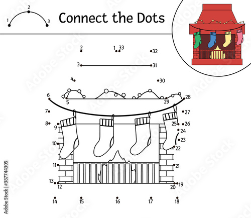Vector Christmas dot-to-dot and color activity with cute chimney with stockings. Winter holiday connect the dots game for children. Funny coloring page for kids with traditional New Year symbol. .