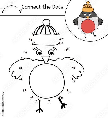 Vector Christmas dot-to-dot and color activity with cute bullfinch. Winter holiday connect the dots game for children with bird in hat. Funny coloring page for kids with traditional New Year symbol. .