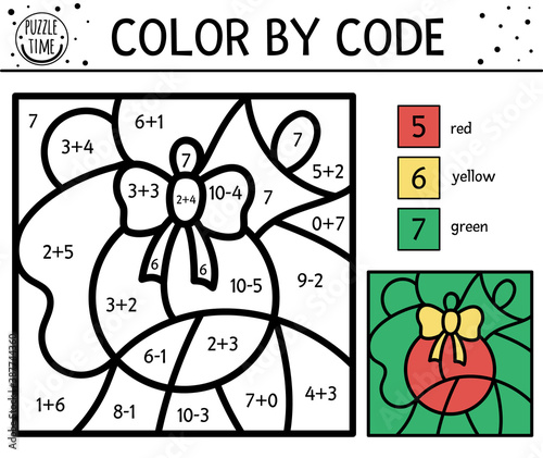 Vector Christmas color by number activity with colored ball. Simple winter holiday coloring and counting game with cute animal. Funny New Year color by code worksheet with math praxis for kids. .