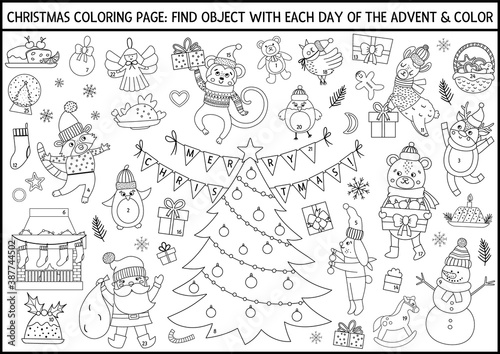 Vector black and white Christmas coloring page and advent calendar with traditional holiday symbols. Cute winter planner for kids. Festive poster design with Santa Claus, fir tree, deer, animals.