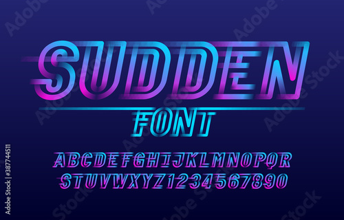 Sudden alphabet font. Fast speed effect letters and numbers. Stock vector typescript for your design in sport style.