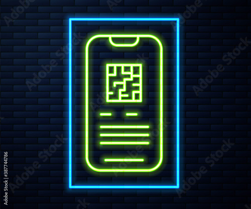 Glowing neon line Online ticket booking and buying app interface icon isolated on brick wall background. E-tickets ordering. Electronic train ticket on screen. Vector.