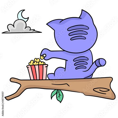 a cat is sitting eating popcorn enjoying a crescent moon night. cartoon illustration sticker emoticon
