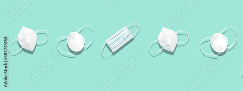 Banner of different types of masks, medical mask, filter mask and protection mask ffp2 and ffp3. Covid concept. photo