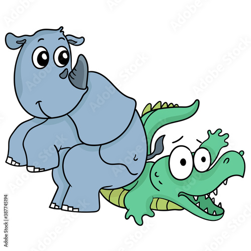 a crocodile is being squeezed by a rhino. cartoon illustration sticker emoticon photo