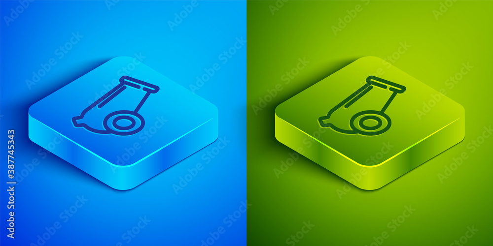Isometric line Cannon icon isolated on blue and green background. Medieval weapons. Square button. Vector. Isometric line Cannon icon isolated on blue and green background. Medieval weapons. Square button. Vector.