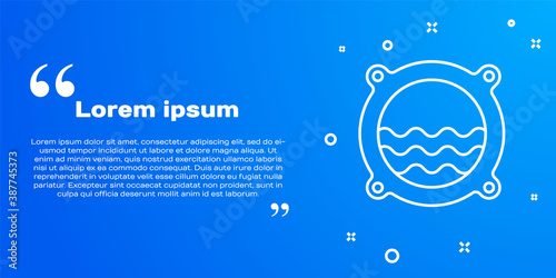 White line Ship porthole with rivets and seascape outside icon isolated on blue background. Vector.