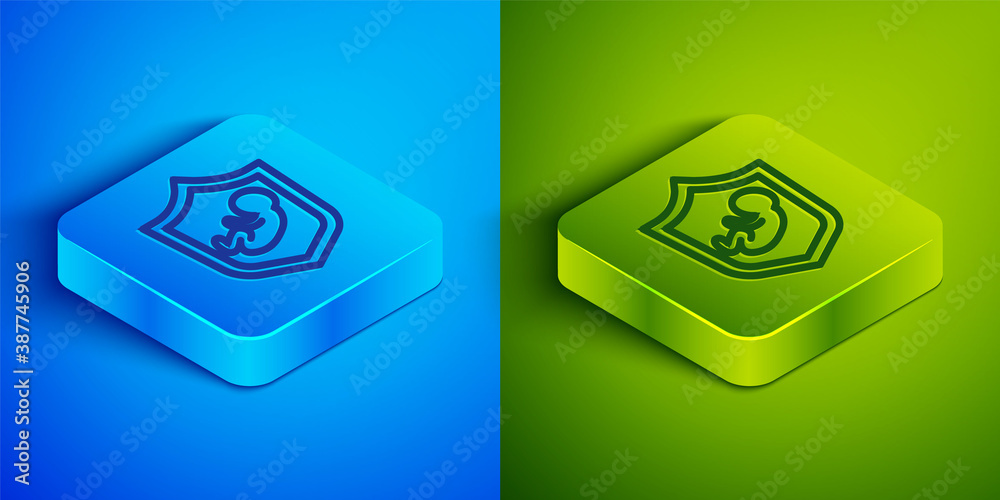 Isometric line Baby on shield icon isolated on blue and green background. Child safety sign. Square button. Vector. Isometric line Baby on shield icon isolated on blue and green background. Child safety sign. Square button. Vector.