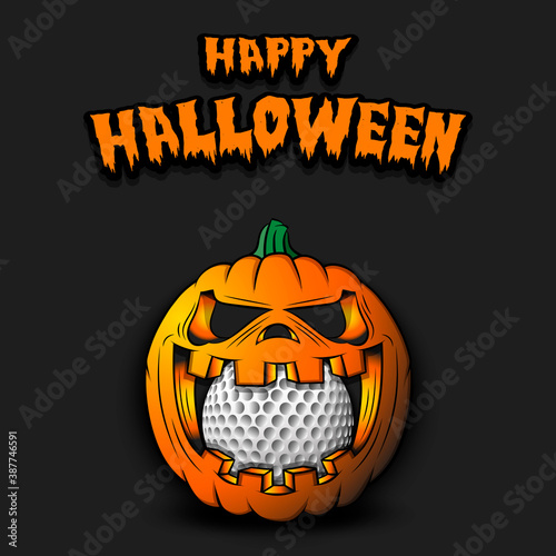 Happy Halloween. Golf ball inside frightening pumpkin. The pumpkin swallowed the ball with burning eyes. Design template for banner, poster, greeting card, party invitation. Vector illustration