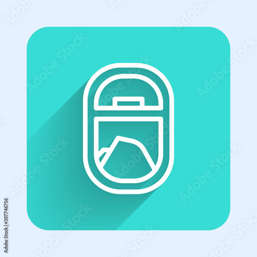 White line Airplane window icon isolated with long shadow. Aircraft porthole. Green square button. Vector.