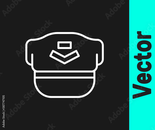 White line Pilot hat icon isolated on black background. Vector.