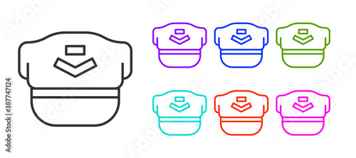 Black line Pilot hat icon isolated on white background. Set icons colorful. Vector.