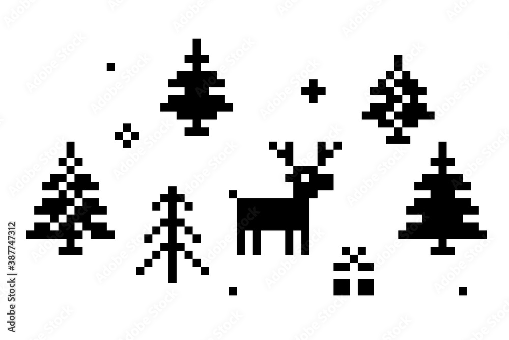Vector christmas pixel deer, tree, gift and snowflakes.
