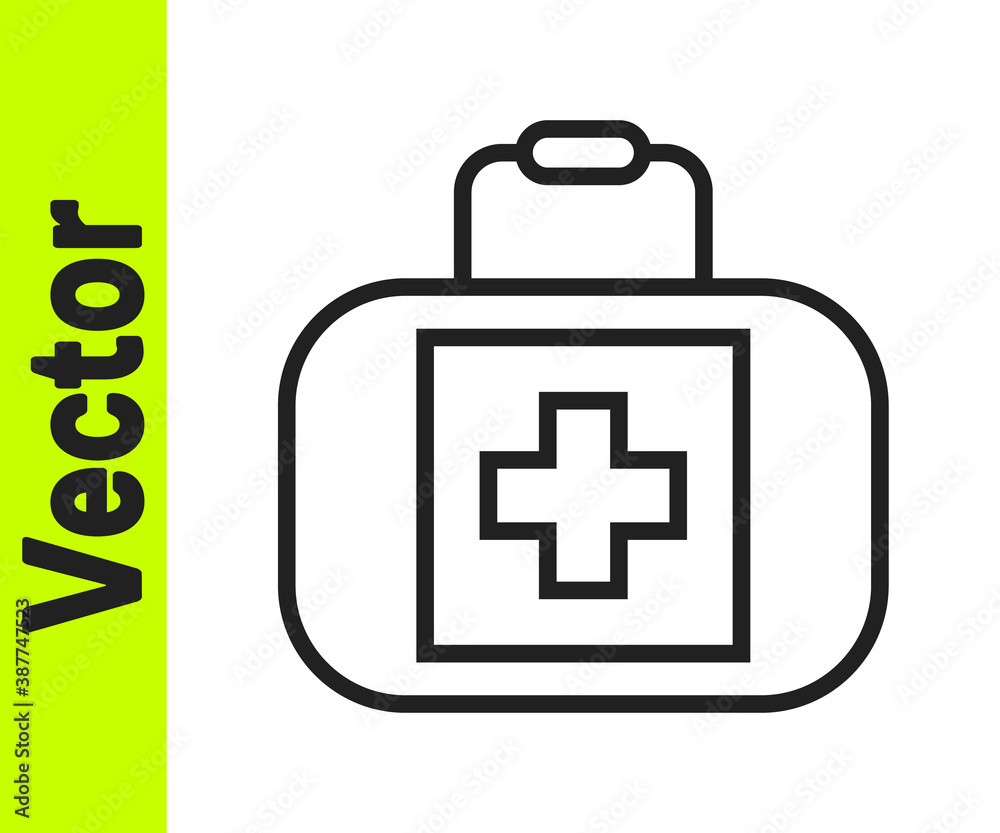 Obraz premium Black line First aid kit icon isolated on white background. Medical box with cross. Medical equipment for emergency. Healthcare concept. Vector.