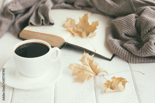 Autumn leaves, cup of coffee, warm wool sweater with open old book on white rustic wooden boards. Cozy home reading, hygge concept. Shallow depth of field