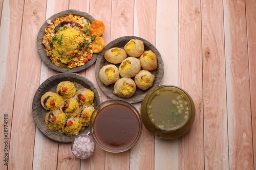 group of Bombay chat food includes golgappa/panipuri, bhel-puri, sev-poori.