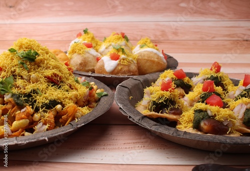 group of Bombay chat food includes  bhel-puri, sev-poori, dahipuri. photo