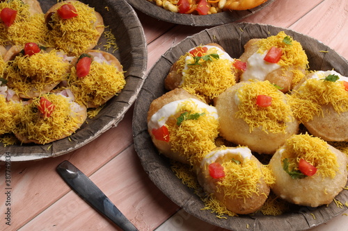 group of Bombay chat food includes  bhel-puri, sev-poori, dahipuri. photo