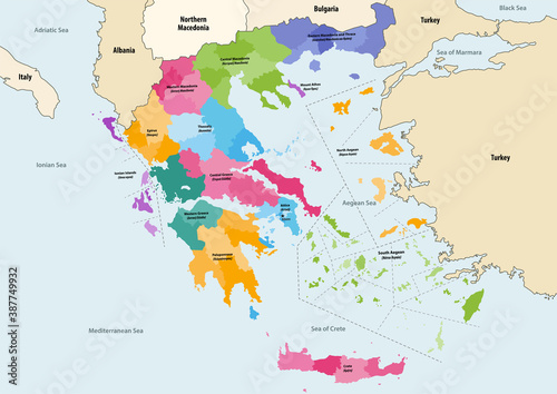 Vector map of Greece provinces colored by regions with neighbouring countries and territories