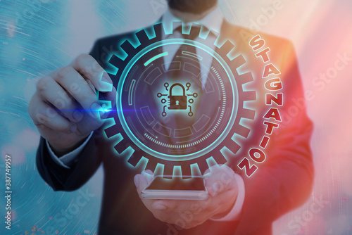 Word writing text Stagnation. Business photo showcasing condition marked by lack of flow, movement, or development Graphics padlock for web data information security application system