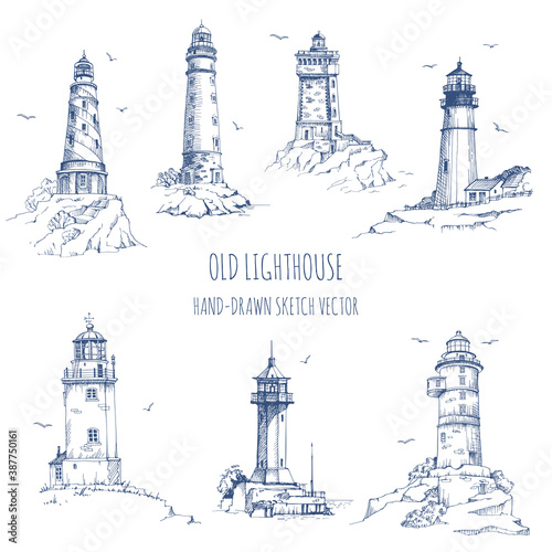 Lighthouse. Hand drawn sketch vector. Ancient architecture