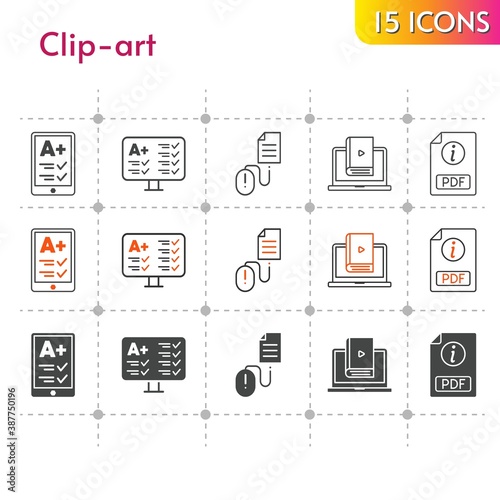 clip-art icon set. included ereader, pdf, test, learn, click icons on white background. linear, bicolor, filled styles.