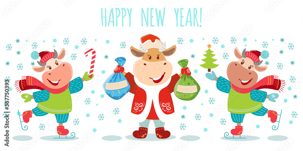 Cute cartoon cow. Vector illustration with bull, symbol of the Chinese new year 2021. Cow on ice