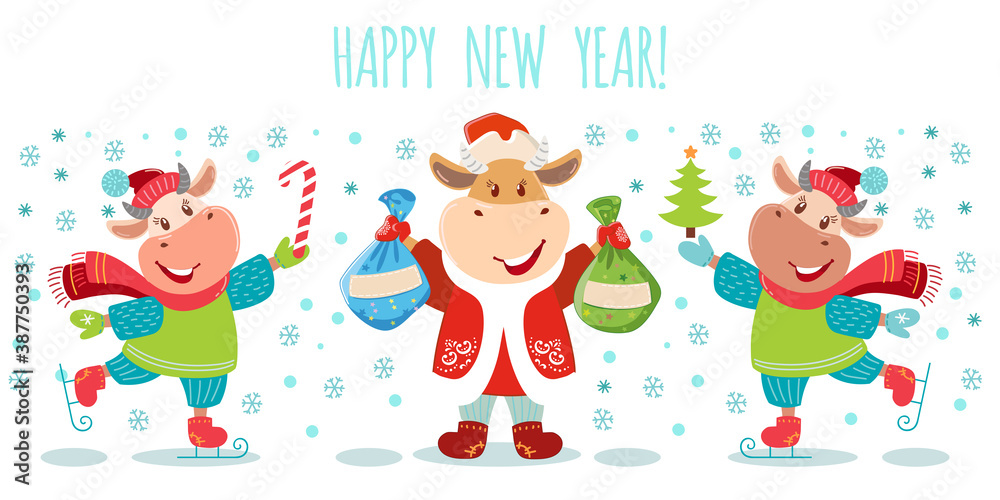 Cute cartoon cow. Vector illustration with bull, symbol of the Chinese new year 2021. Cow on ice Cute cartoon cow. Vector illustration with bull, symbol of the Chinese new year 2021. Cow on ice