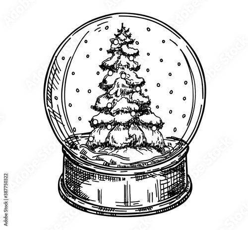 Toy glass snow globe with winter tree inside. Winter decorative Hand drawn vector illustration