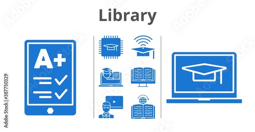 library set. included ereader, chip, teacher, cap, ebook, student-laptop, training, learning icons. filled styles.