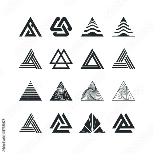 Triangle logo set collection - abstract prism geometric shape graphic geometry line futuristic polygonal layout marketing perspective corporate tech delta spectrum business photo