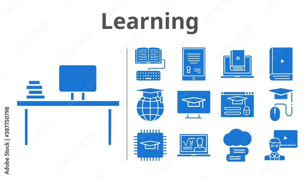 learning set. included chip, homework, learn, student-desktop, login, cloud library, tablet, professor, teacher, desktop, ebook, school, elearning icons. filled styles.