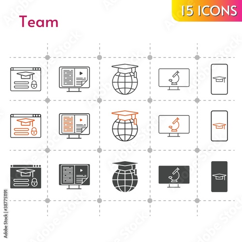 team icon set. included student-smartphone, ebook, school, login, microscope icons on white background. linear, bicolor, filled styles.