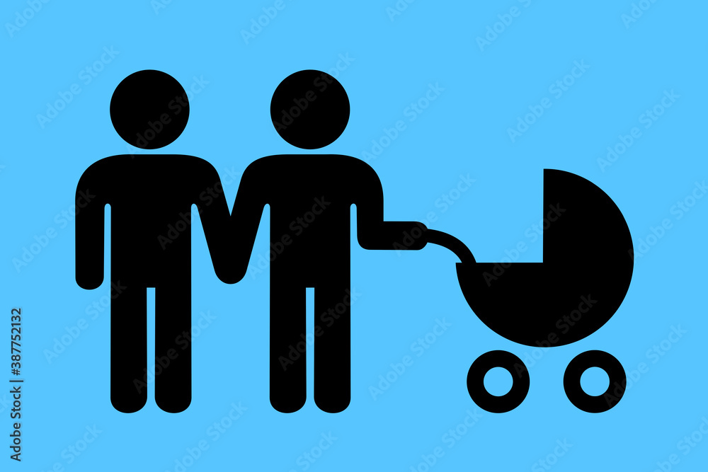 Fototapeta premium LGBT parenting - two homosexual gay men and males have child and baby. Homosexuality, raising child, childcare and parenting. Same-sex couple and parenthood. Vector illustration.