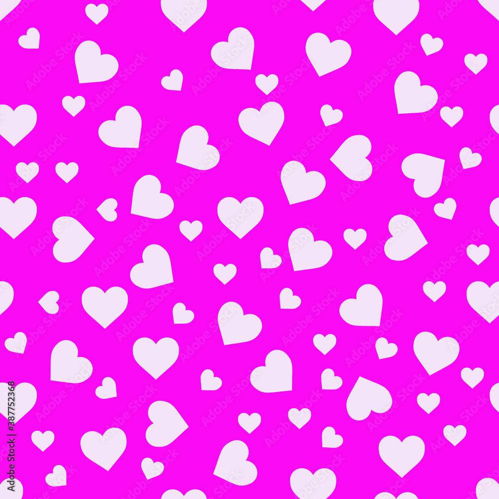Mixed placed pink heart shape and repetitive pattern structure on white background. seamless heart pattern