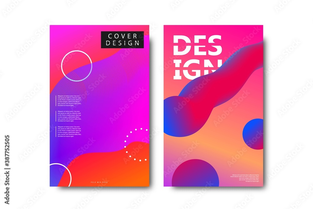 Vector set of realistic isolated brochures with geometric gradient fluid liquid shapes for decoration and covering.
