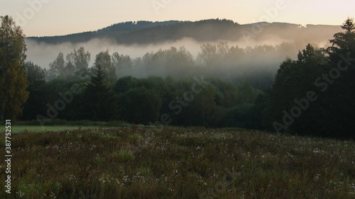 Fog on sunrise in Nova Pec,Bohemian Forest,Prachatice District,South Bohemian Region,Czech republic,Europe 