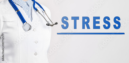 Word STRESS on a white background. Medical concept