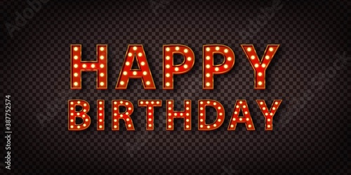 Vector realistic isolated neon marquee sign of Happy Birthday logo on the transparent background.