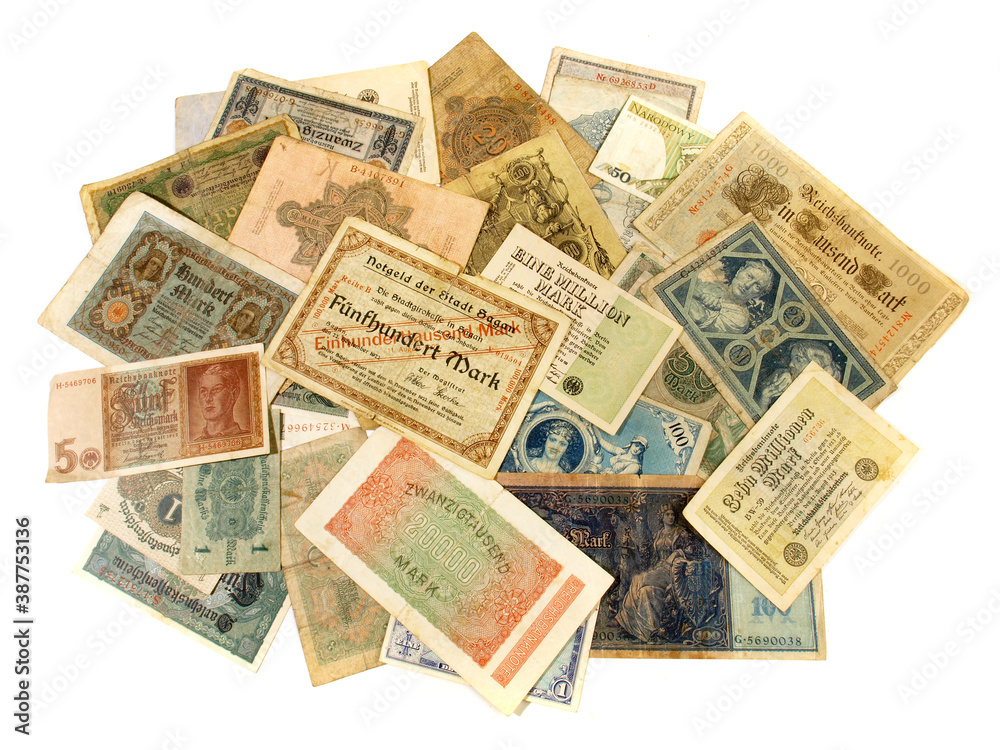 Old Money in Times of Inflation isolated on white Background - Deutsches Geld