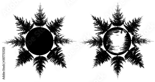 Forest in circle, fir trees are arranged in circle, set of silhouettes. Place the name in center of circle. Vector illustration