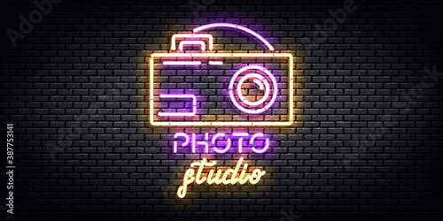 Vector realistic isolated neon sign of Photo Studio logo for template decoration on the wall background. Concept of photographer profession, cinema studio and creative process.