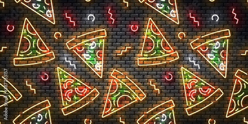 Vector realistic isolated neon sign of Pizza on a wall seamless pattern for template website decoration and wallpaper covering on the wall background. Concept of restaurant, cafe and italian food.