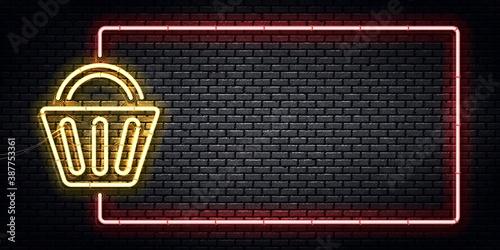 Vector realistic isolated neon sign of Supermarket Basket frame logo for decoration and covering. Concept of Black friday, sale and supermarket.