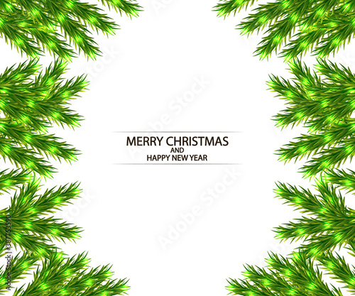Banner with fir branches and merry christmas and happy new year greetings, vector art illustration.