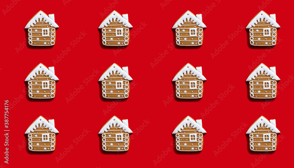 Red Xmas art background. House seamless pattern. Winter holidays festive ornament. Beige white decorative home creative composition isolated on bright.