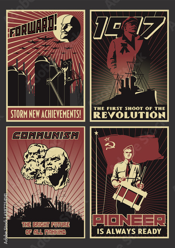 Old Soviet Communism Propaganda Posters Style Illustration Set