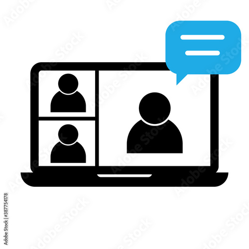 Video conference icon. People on computer screen. Home office in quarantine times. Digital communication. Internet teaching media