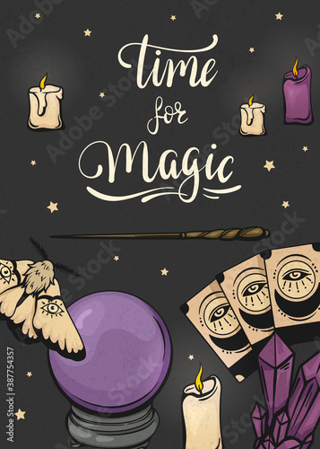 Time for magic. Background with magical attributes: tarot cards, crystal ball, magic wand, crystals and candles