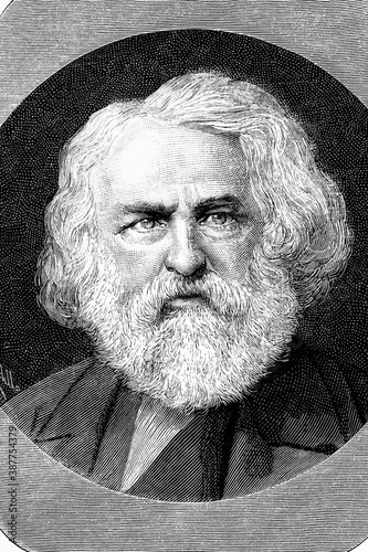 Henry Wadsworth Longfellow, American poet and educator. 1807-1882. Antique illustration. 1882.